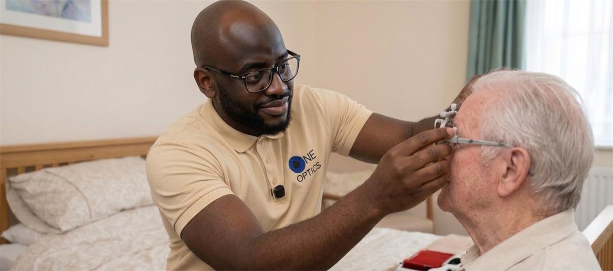 One Optics optician fitting trial frames during an eye test in a patient's home