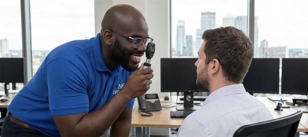One Optics carrying out an on-site DSE eye examination in an office